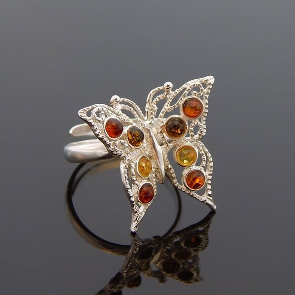 Natural Baltic Multicolor Amber Adjustable Butterfly Ring in 925 Sterling Silver - Picture 1 of 5